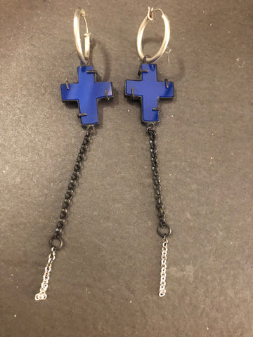 JA Designs Blue acrylic cross with chain earrings